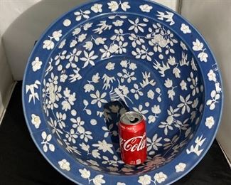 #37 - Ming style and possibly
of the period powder blue with white enamel floral decor wash basin.
More photos: https://flic.kr/s/aHsmWoeiiG
18.75”wide x 5.5”tall. Rim break (9” x 3.5”) that has been reglued (poorly) Hairline crack on bottom. Possibly Ming period. But, at least 19th c.