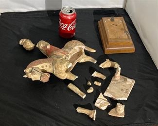 #41 - Tang Dynasty horse and rider figure remnants.
More photos: https://flic.kr/s/aHsmWo4UGg
10”long (approximately) Broken and missing pieces. Comes with early 20th c. Wood base.