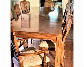 Large Dining Table, 8 Wicker Back Chairs,  2 inserts