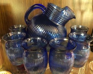 Antique Cobalt Pitcher w/6 Juice Glasses