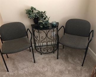 Pair black iron/fabric chairs