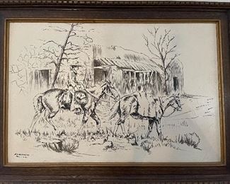 Large Masterful Ink Drawing on Canvas 