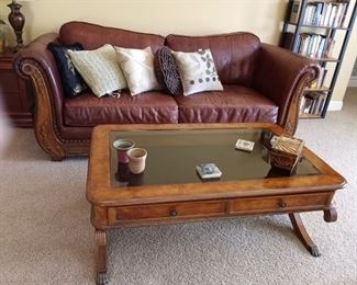 Leather Sofa, Glass top coffee table