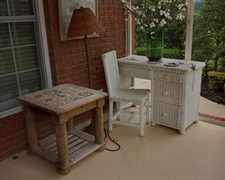 Wicker Desk and Chair, Tile top occasional table