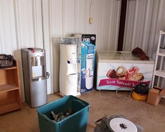 Bookcase, water coolers, ice cream freezer