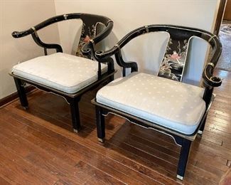 Pair of Asian / Chinese Black Lacquer Chairs with Cushions