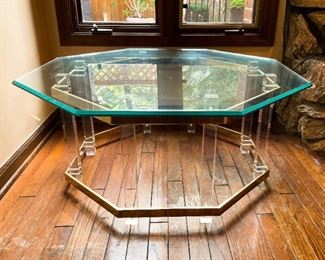 Octagonal Cocktail / Coffee Table, Lucite / Acrylic and Brass Base