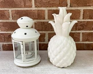 Candle Lantern, White Ceramic Pineapple