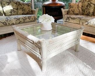 White Wicker Cocktail / Coffee Table with Glass Top