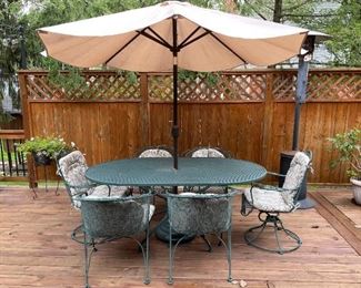 Green Metal Patio Dining Table with 6 Chairs & Cushions