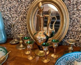 Hand Painted Enameled Gold & Green Glass Decanter & Stemware Liquor Set, Small Oval Gilt Framed Wall Mirror