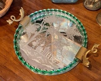 Vintage Green Murano Venetian Glass Etched Mirror Tray / Barovier