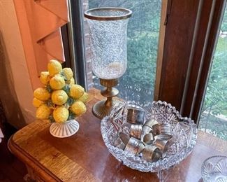 Ceramic Lemons Figurine, Glass Candle Hurricane, Crystal Bowl, Napkin Rings