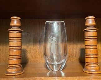 Wooden Candlesticks, Etched Glass Vase