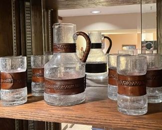 Cool Vintage Drink Set - Leather Wrapped Pitcher and Glasses