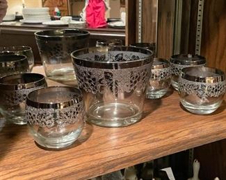 Vintage Etched Lowball Glasses & Ice Bucket Set