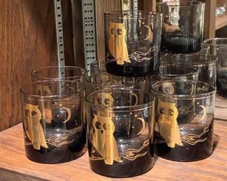 Vintage Lowball Bar Glasses Set - Owls