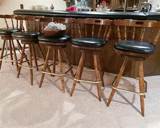 5 Vintage Wooden Bar Stools with Black Padded Seats