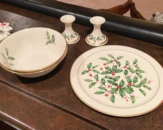 Lenox Christmas Holly Platter, Serving Bowls & Candlesticks