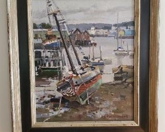 T.M. Nicholas. Low Tide. Gloucester.  Original oil painting 