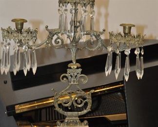 Antique 3-Armed Candelabra, Brass with Crystal Teardrops/Marble Base. 17"w x 19.5"h x 3.5"d