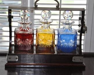 Antique Wooden Locking Liquor Caddie with Original Etched Glass Decanters