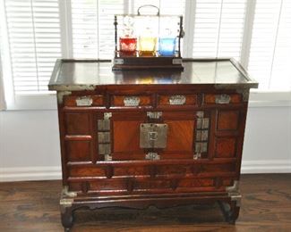 Antique 19th Century Korean Blanket Chest with Original Bronze Hardware, 4 Drawers shown with an Antique Liquor Caddie 