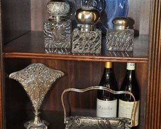 More Fabulous Swirl Glass With Hinged Silver Tops,  Antique Inkwells, Etched Silver-plate, a French Silver Plate Flat fan, a Blue Art Glass Serving Bowl and one of the Fabulous Pieces of Daum Crystal Pieces Available
