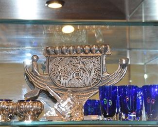 Fantastic Judaica Menorah, Waterford Dreidel, Cobalt Blue Shot Glasses and a Pair of Vintage Salt Sellers with Cobalt Glass Inserts