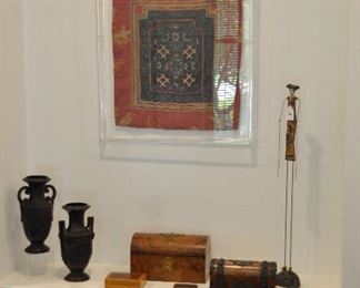 Antique Asian Textile Framed in an Acrylic Shadow Box, 25" x 34", shown with an Antique Burl Walnut Inkwell Box with Brass Hardware by Trussel Brighton, a 31" Sculpture by Kimberly Wilcox, a Lacquer French Art Deco Aigumont Paris Clock and much more!