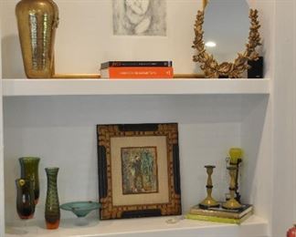 More Amazing Home Decor including a Pencil Drawing by Lila Copeland, "Sleeping Child", Gold Floral Vanity Mirror, Art Glass, Vintage Glass Candlesticks, a Mid Century Harlequin Musician Oil Painting by R. Trivier and a Pair of Antique Plains Cree Moccasins, c.1900