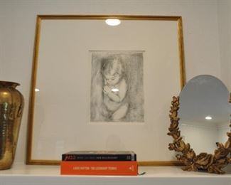 16" Brass Vase, "Child" Pencil-Drawing by Lila Copeland, Signed, Double-Matted, 33.75" x 33.75" shown with an Antique Painted Wood Floral Dresser Mirror, 18" x 14.5"