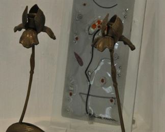 Signed Glass Art by Nina Cambon, pair of Brass Flower Petal Candlesticks, 11"h