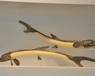 Pair of Fish Sculptures, Bone and Antique Silver Finish 28"w