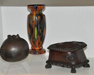 More Vintage Carved Wood Items and Colorful Art Glass Vase
