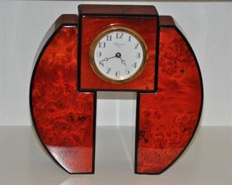French Art Deco Red/Black Lacquer Clock by Aigumont, Paris, 9.75"w x 10"h x 2.75"d