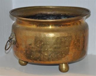 Large Antique Brass Planter with Lion Head Rings