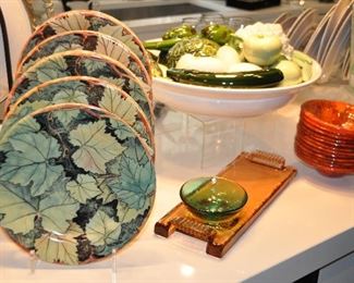 Set of 12 Gien "Feuillage" Plates, Glass Serving Pieces, and 1535  Sculptured Porcelain Fruits and Vegetables Bowl, "Intermezzo".  Set of Mid-Century Orange Fused Art Glass Bowls, Michael and Frances Higgins, Signed