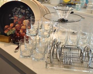 Gien Luncheon Plates and Platter, More Glassware and the Caddy holds the Sasaki Flatware