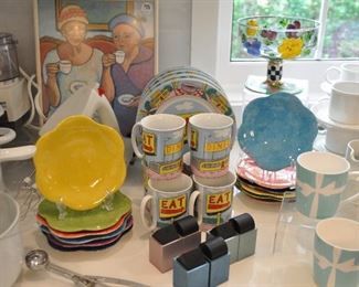 Bloc Spal "Eat 'n Drink", Tiffany Coffee Mugs, MacKenzie Childs Pedestal Bowl, 2 Sets of 6 Hand-Painted Small Plates by Marysa Boxer, England,  4 Sets of Moder Elika Salt/Pepper by David Tisdale