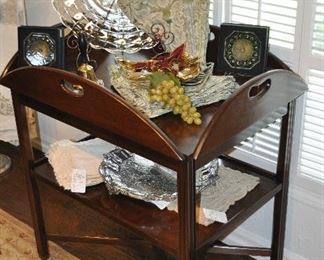 Butler Style Tea Cart with Lower Shelf, with Flip Down Folding Sides, Displayed with Beautiful Accent Pieces and Amazing Vintage Linens