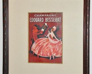 Fantastic Framed Antique French Poster Ad, Champagne Edouard Besserat 25.5'' x 35'5"