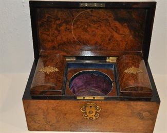 Antique Burlwood Box with Brass Hardware, Inside are Brass Labels, "Black" and "Green".  The Box Measures 12"w x 7"h x 6.25"d