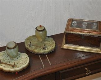 Spectacular Antique Jade Inkwells with Brass Pen Holders. Sorry, Box not Available