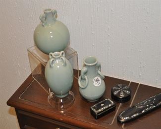 Set of 3 Small Celadon Vases and 3-pc. Vanity Box Set of Black and Abalone Inlay