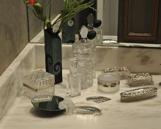 Signed Pewabic Vase and Cut Crystal Vanity Items