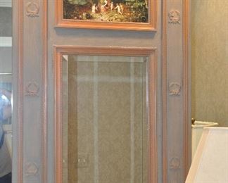 Neoclassical French Trumeau Mirror, Featuring Carved Wood Frame and Beveled Mirror, 32 1/4" x 55"