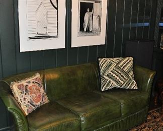 Green Leather Sofa and Framed Prints by Monte Nagler, 24" x 30".  On the right, "Marlin"  6/36, Signed on back. On the left, "St. Andrews Mission" 1/50, Signed on back.