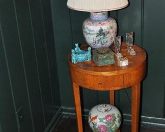 Lovely Corner Arrangement in Study, including a Rare Art Nouveau Tiffany Art Glass Inkwell and Antique Asian Pieces