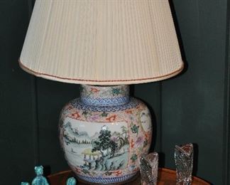 Antique Asian Ginger Jar Electrified shown with Vintage and Antique Decor as well as Ralph Lauren Cut Glass Cowboy Boots!